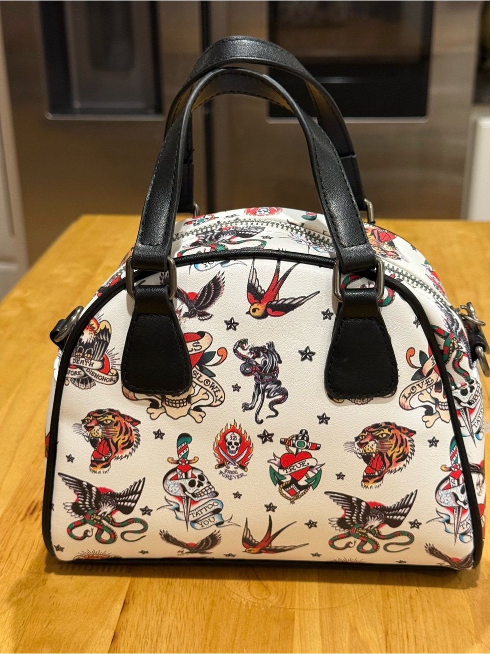 Ed Hardy White Tattoo Print Dome Satchel with Skull Hardware - Picture 4 of 16